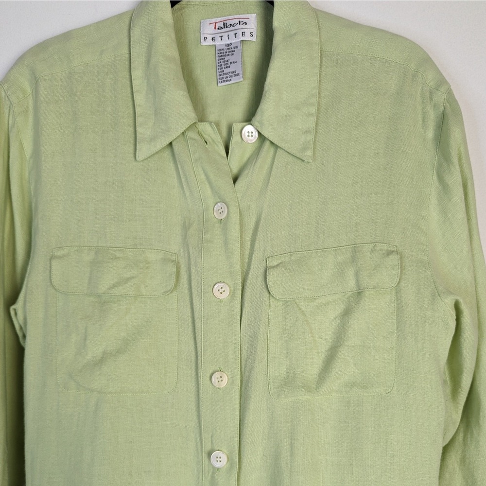 Vintage Talbots Light Green Linen Long Sleeve Button Down Shirt Size 10P - Picture 2 of 6
